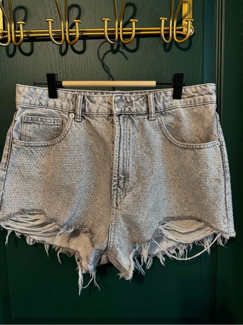 Zara Women’s Distressed Light Gray Denim Shorts with rhinestone Detail